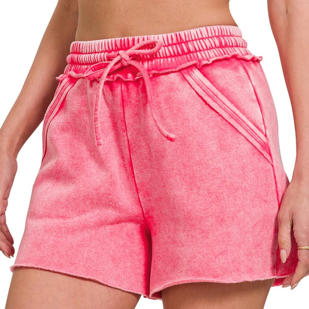 NWT Ladies Fuchsia Pink Acid Wash Fleece Drawstring Shorts with Pockets SM MD